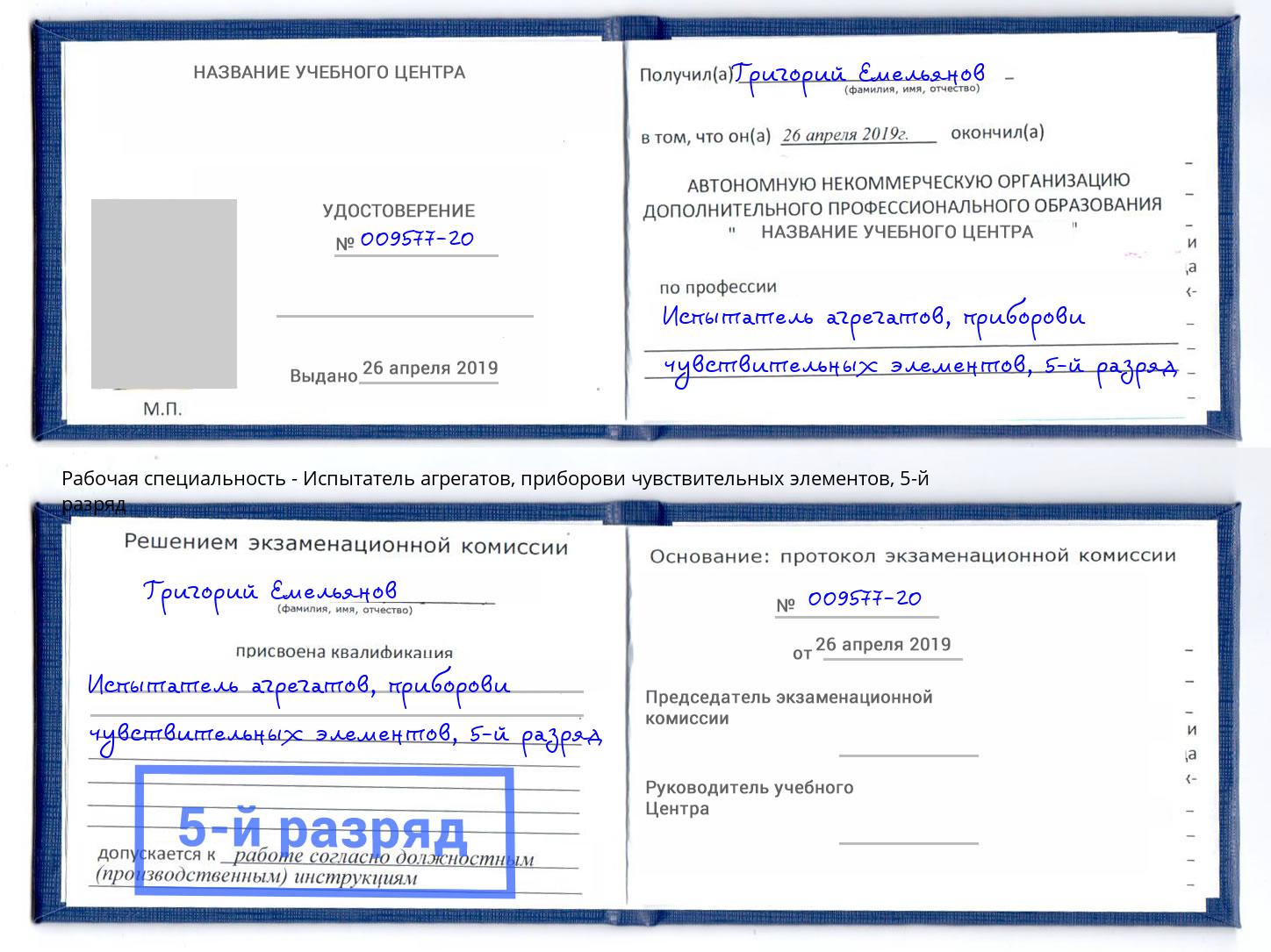 корочка 5-й разряд Испытатель агрегатов, приборови чувствительных элементов Пенза