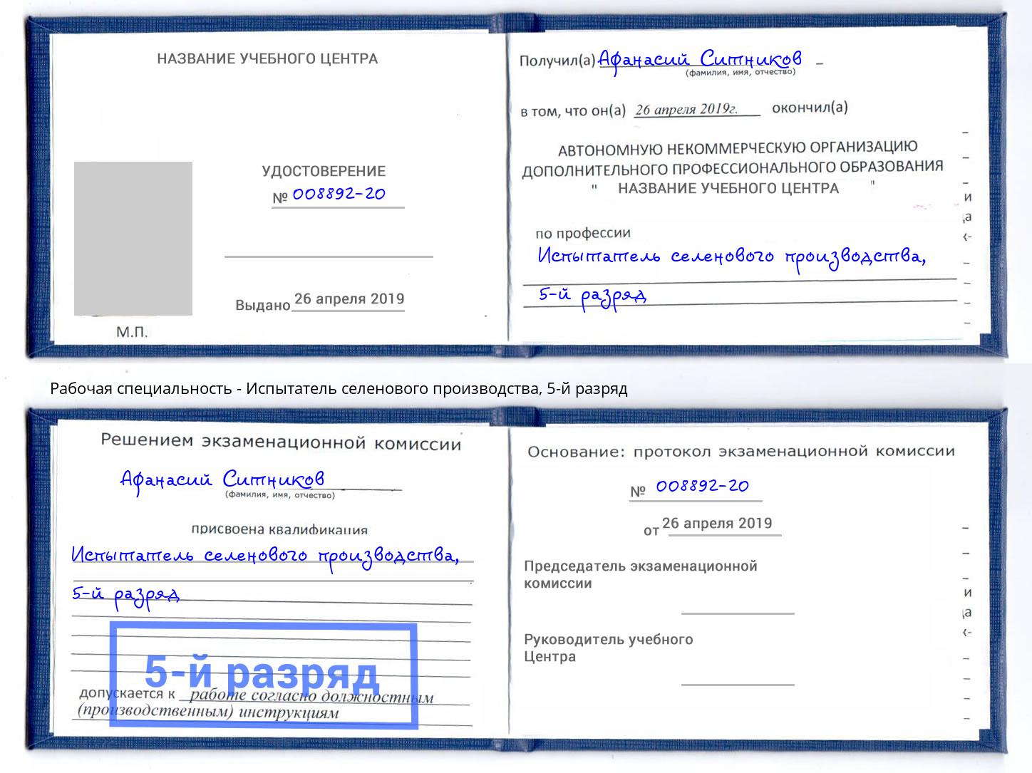 корочка 5-й разряд Испытатель селенового производства Пенза
