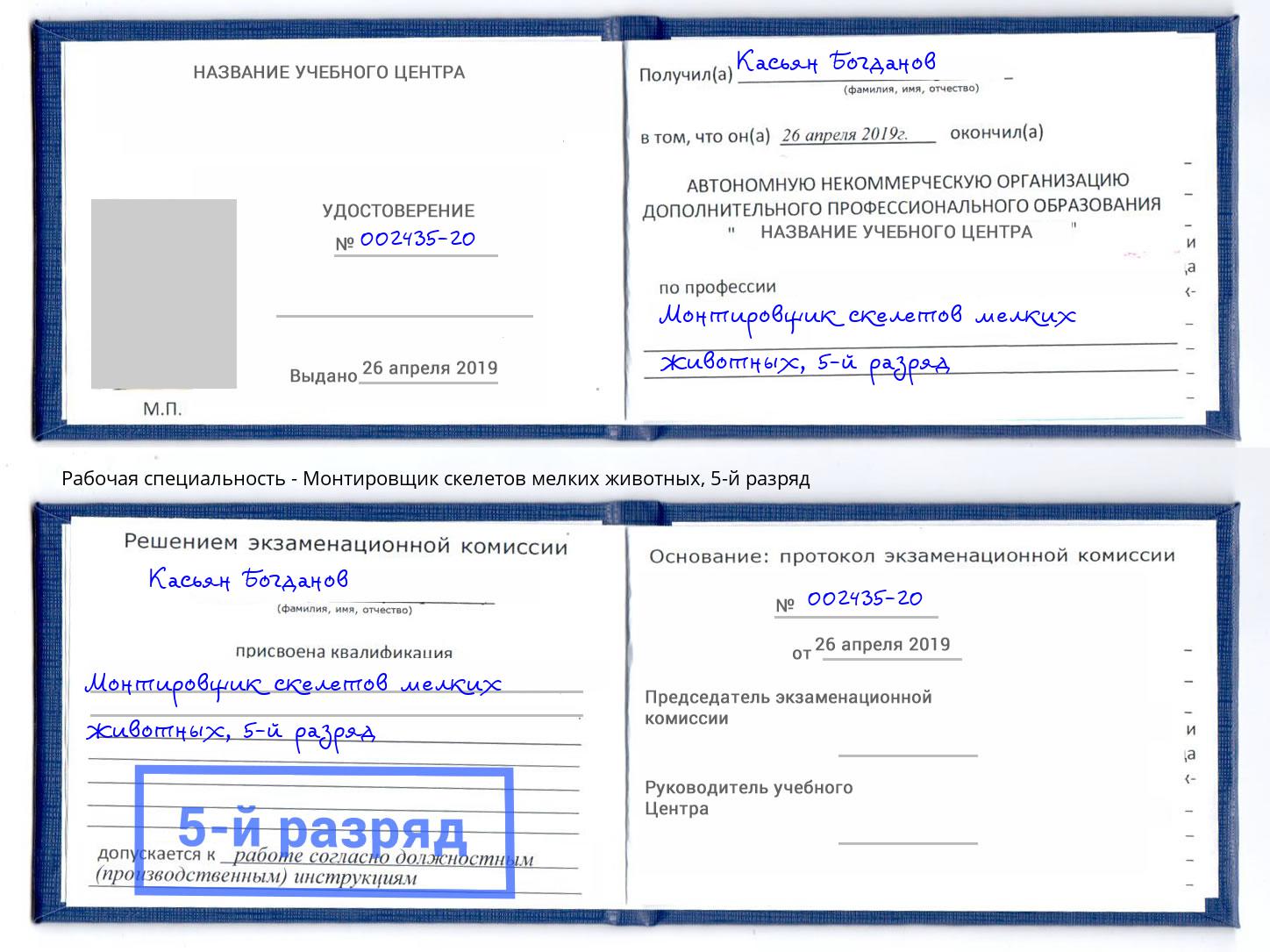 корочка 5-й разряд Монтировщик скелетов мелких животных Пенза
