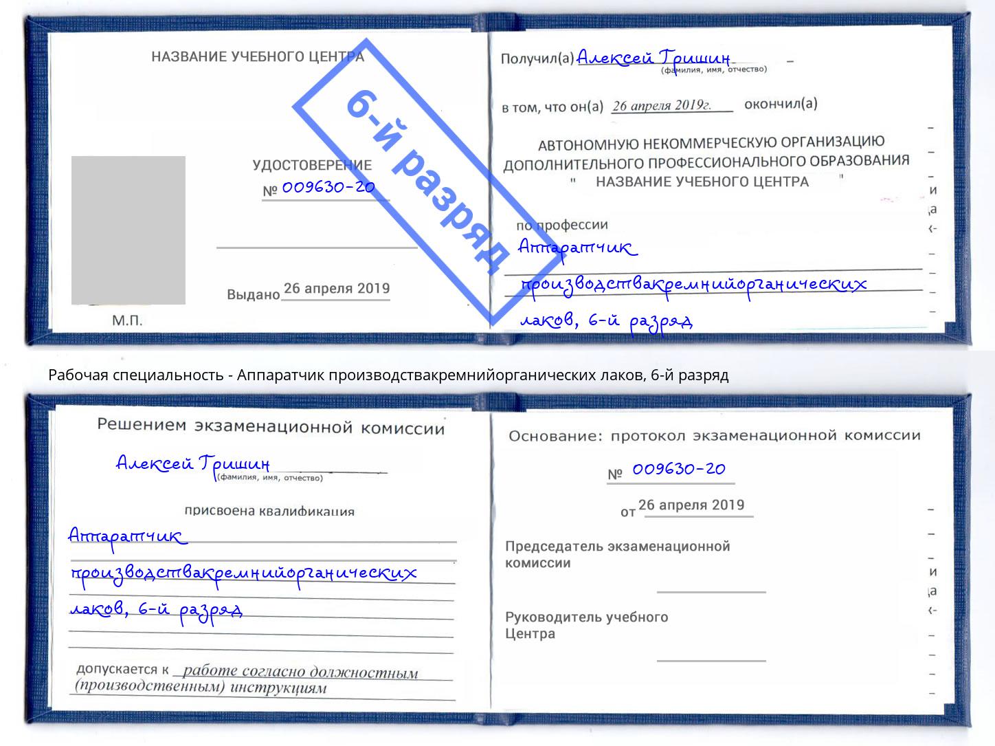 корочка 6-й разряд Аппаратчик производствакремнийорганических лаков Пенза