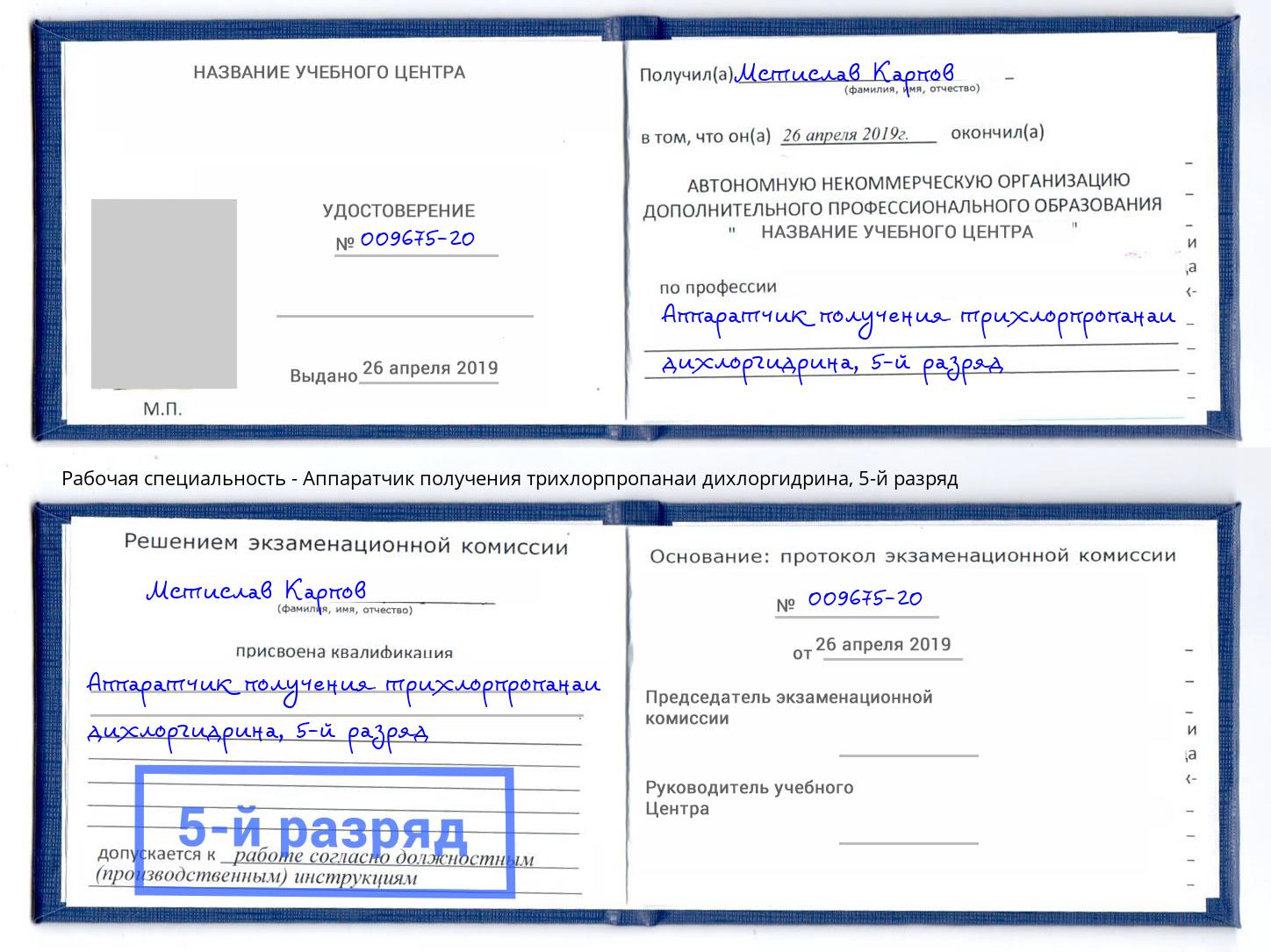корочка 5-й разряд Аппаратчик получения трихлорпропанаи дихлоргидрина Пенза